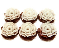 12 Vintage White over Brown 20mm Round Layers of Roses Acrylic Cameos Cabochons