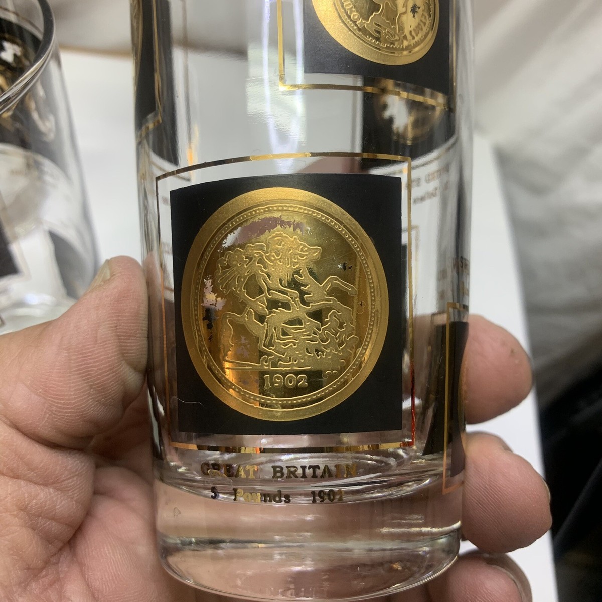 Vintage MCM Coins Around the World High Ball Tumbler Glasses Black Gold Set  Of 8