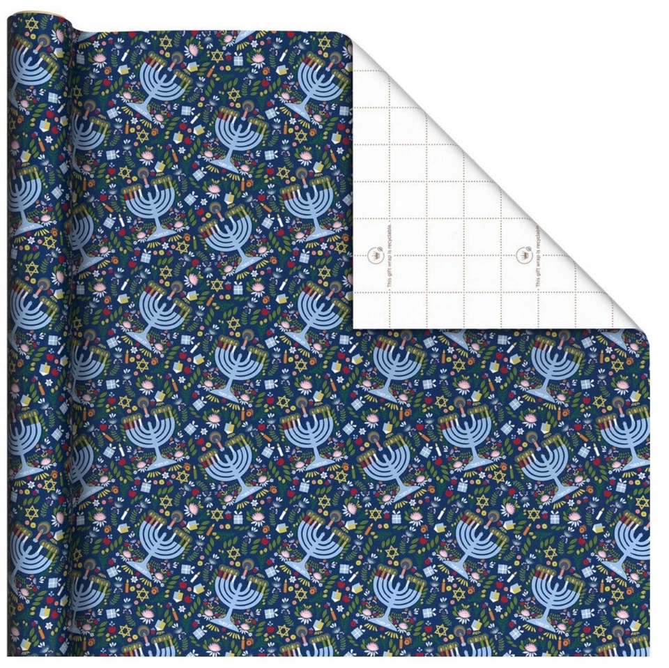 Hallmark Wrapping Paper Festive Hanukkah Collage Menorah 35 sq ft Roll Holiday - Image 2 of 4