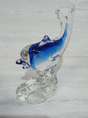 Hand Blown Art Glass Dolphin On A Wave Cobalt Blue Clear Figurine Paperweight 