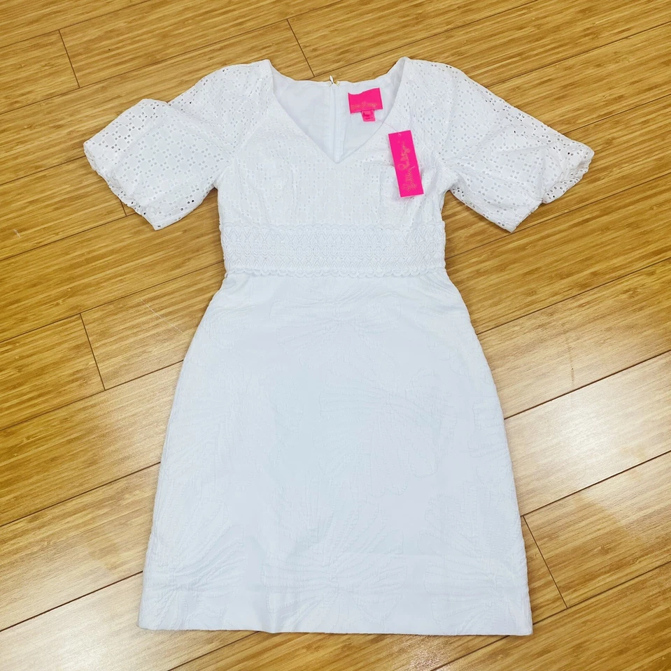 Lilly Pulitzer Jazlyn Dress White Who Let The Fronds Out Pucker Jacquard Size 00 - Image 4 of 4