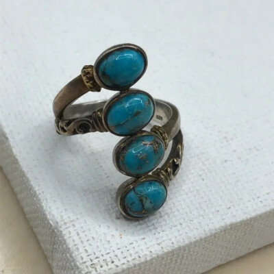 Vintage YS India sterling silver 925 4 rows turquoise ring southwestern style