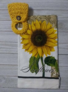Crochet Kitchen Sunflower Towel Holder Hanger Yellow Gold Set