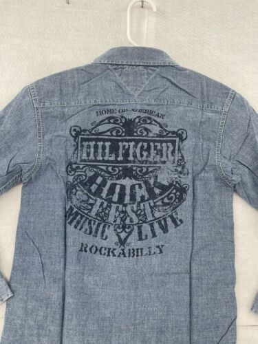 Tommy Hilfiger Button Up Shirt Youth Small Denim Blue Long Sleeve Rockabilly Boy