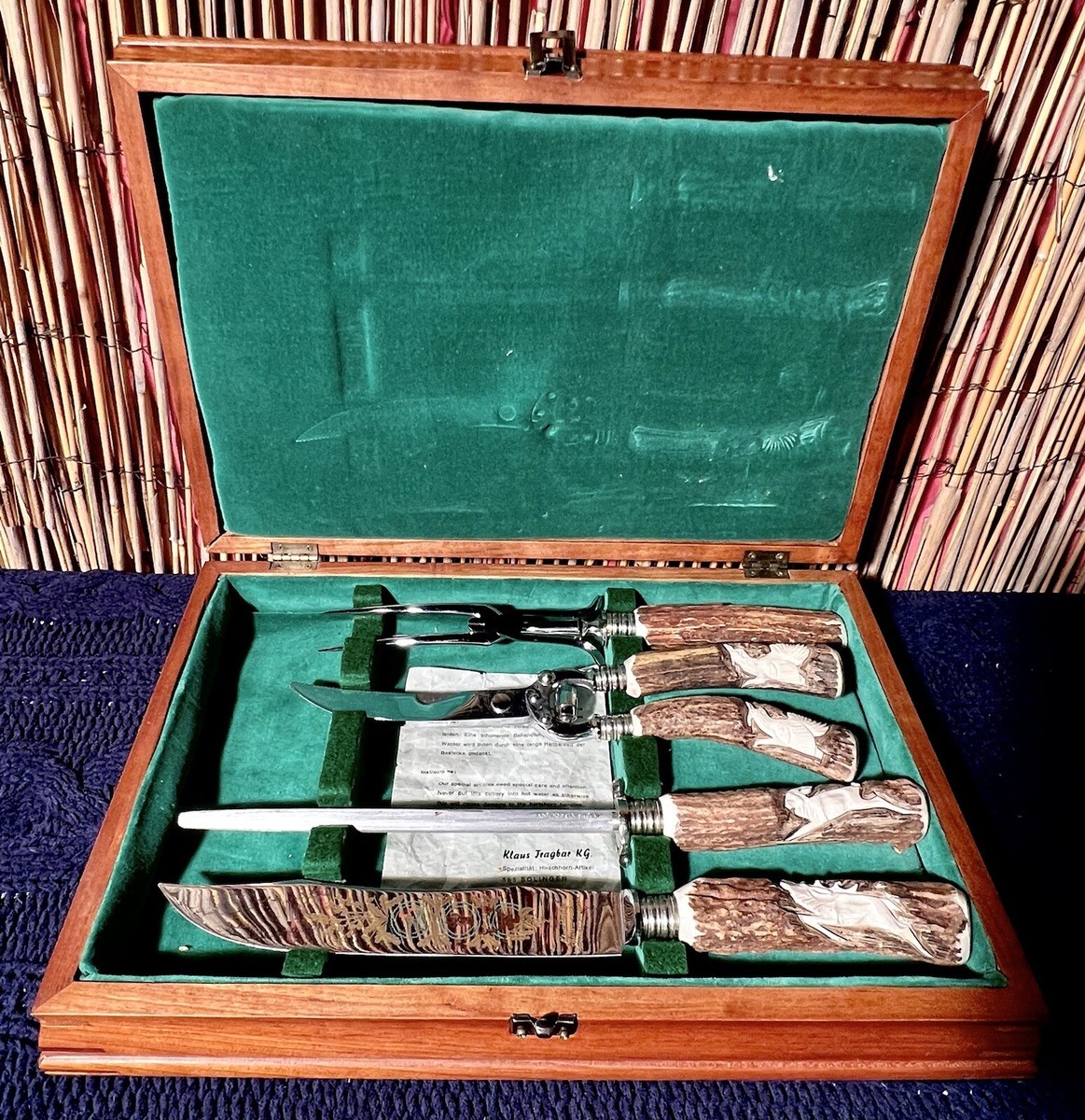 Klaus Tragbar Carved Antler Handle Knife Set VTG Solingen Germany
