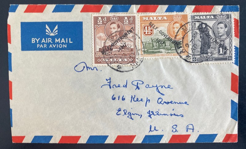 1951 Malta Airmail Cover To Elgin IL Usa Self Government Stamp