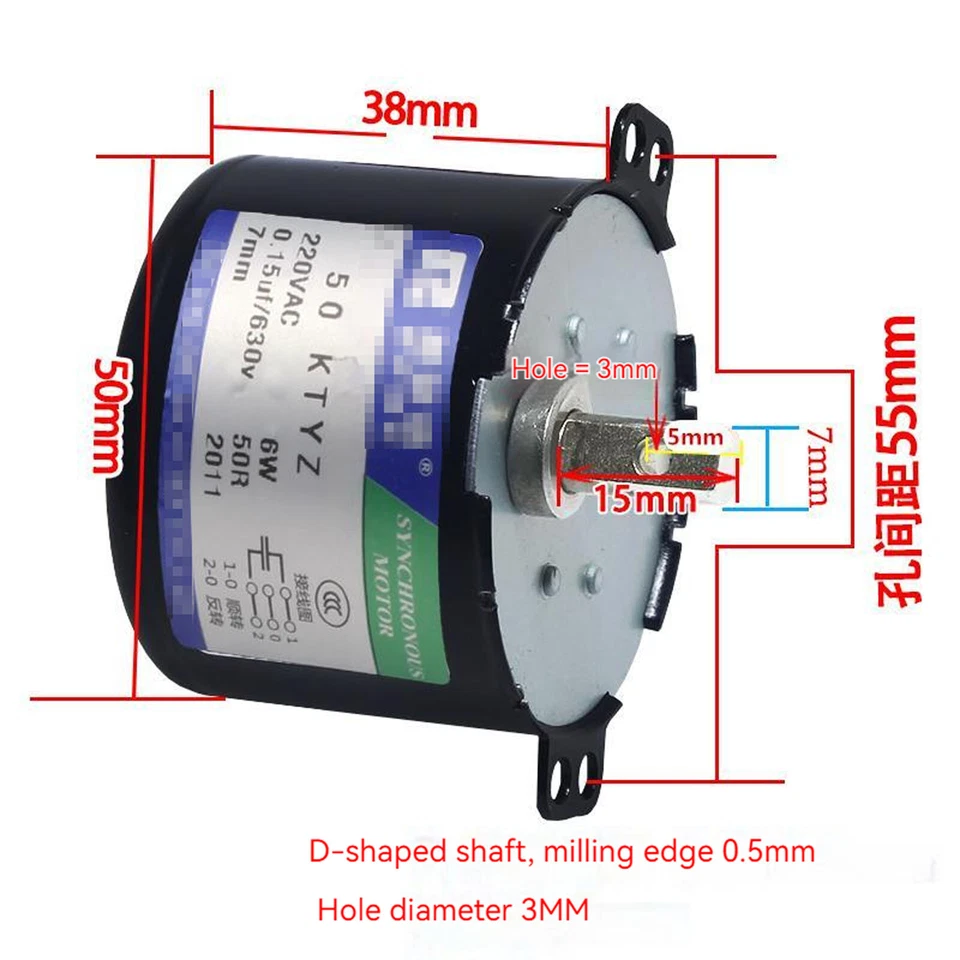 Synchronmotor 50KTYZ AC 220V 240V 50/60Hz 10rmp/m CW/CCW 6W Drehmoment 6,2kgf.cm - Bild 2 von 4