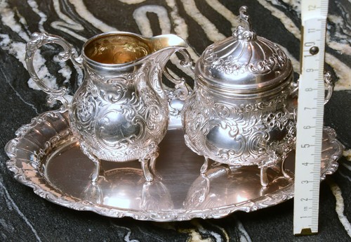 Milch und Zucker Kanne mit Tablett Deutsch R+S gestempelt 800er Silber 373 Gramm - Bild 12 von 12
