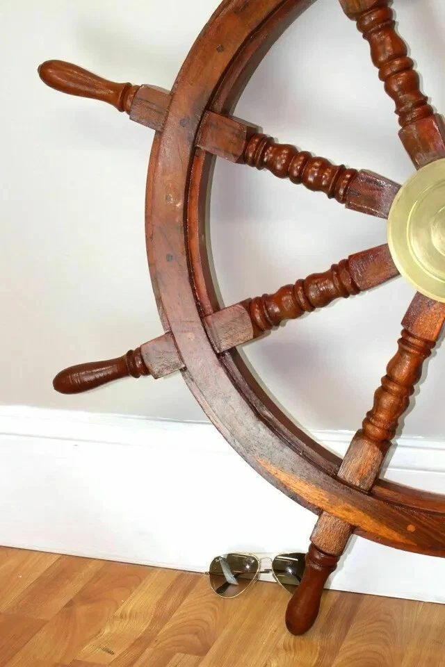 36'' Big Nautical Ship Steering Wheel Wooden Antique Teak Brass Pirate Ship's - Image 2 of 4