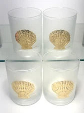 Vtg CULVER 22K Gold Sea Shell Frosted Glass Lowball Whiskey Tumbler SET OF 4 MCM