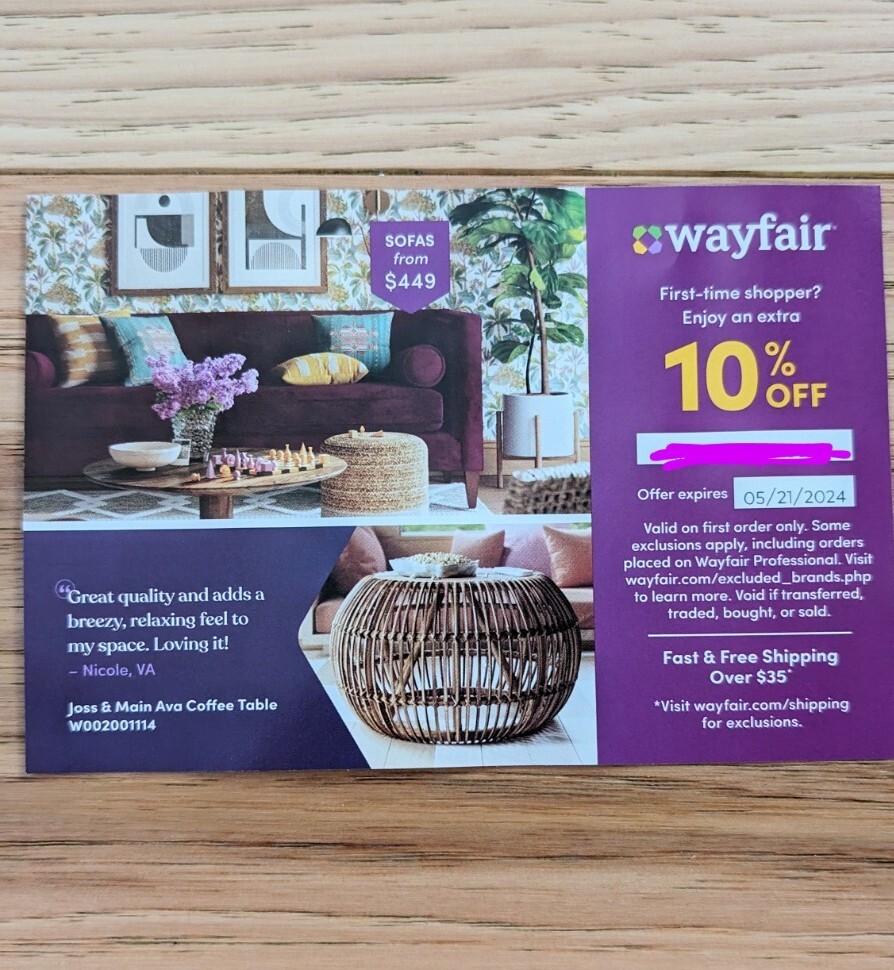 WAYFAIR 10 off promo coupon Exp. 5/21/24 SHIPS FROM PA WITHIN 1 BUS DAY eBay