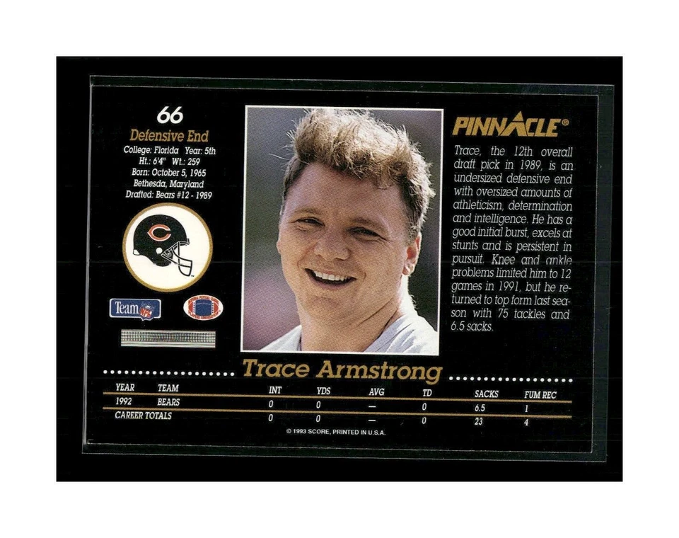 1993 Pinnacle  Football #66 Trace Armstrong  Chicago Bears - Image 2 of 2