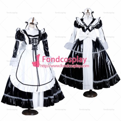 fondcosplay adult sexy cross dressing sissy maid long black white thin PVC locka