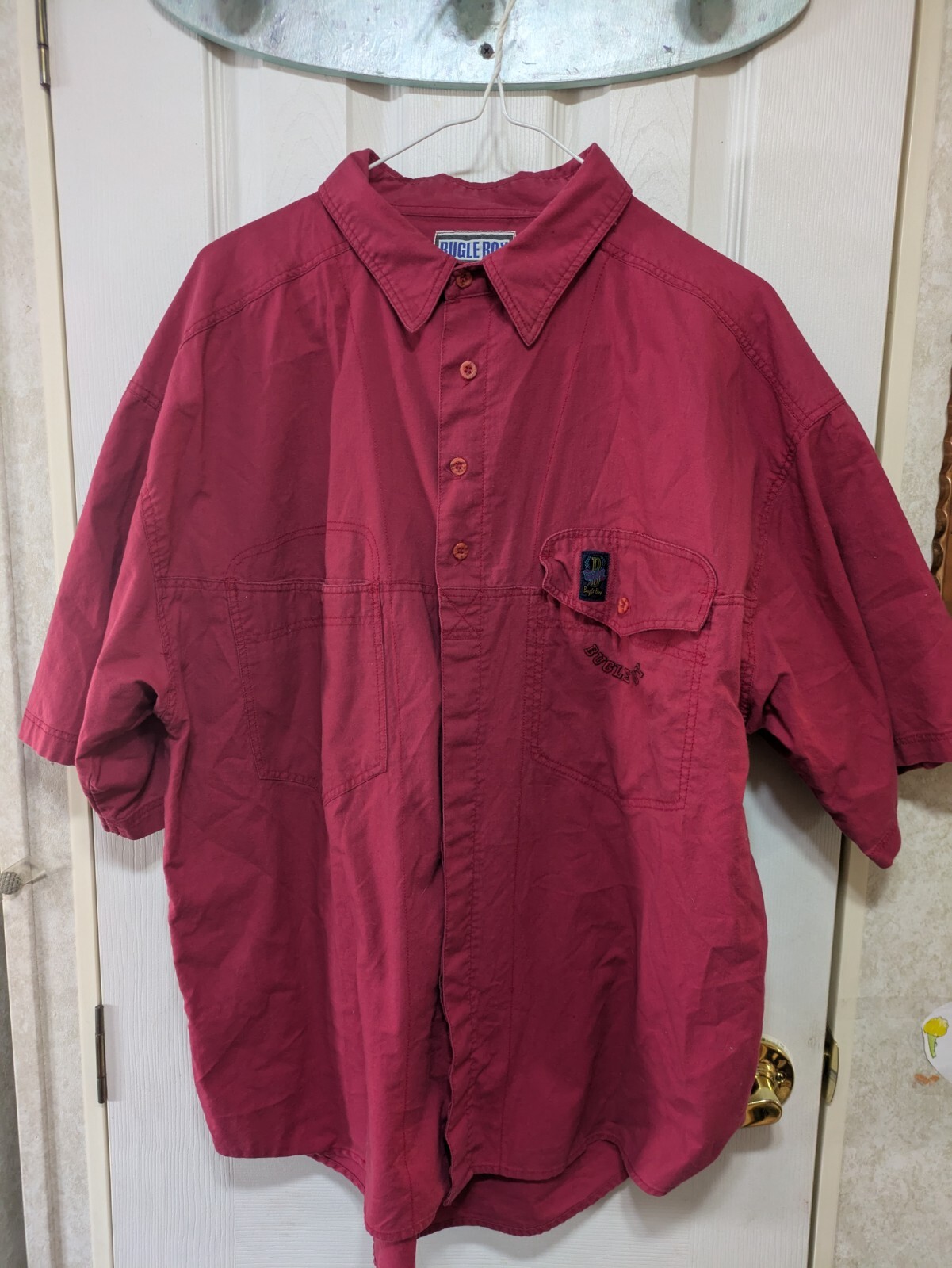 Vintage Red Bugle Boy Short Sleeve Button-up Embroidered Size XL 100% Cotton