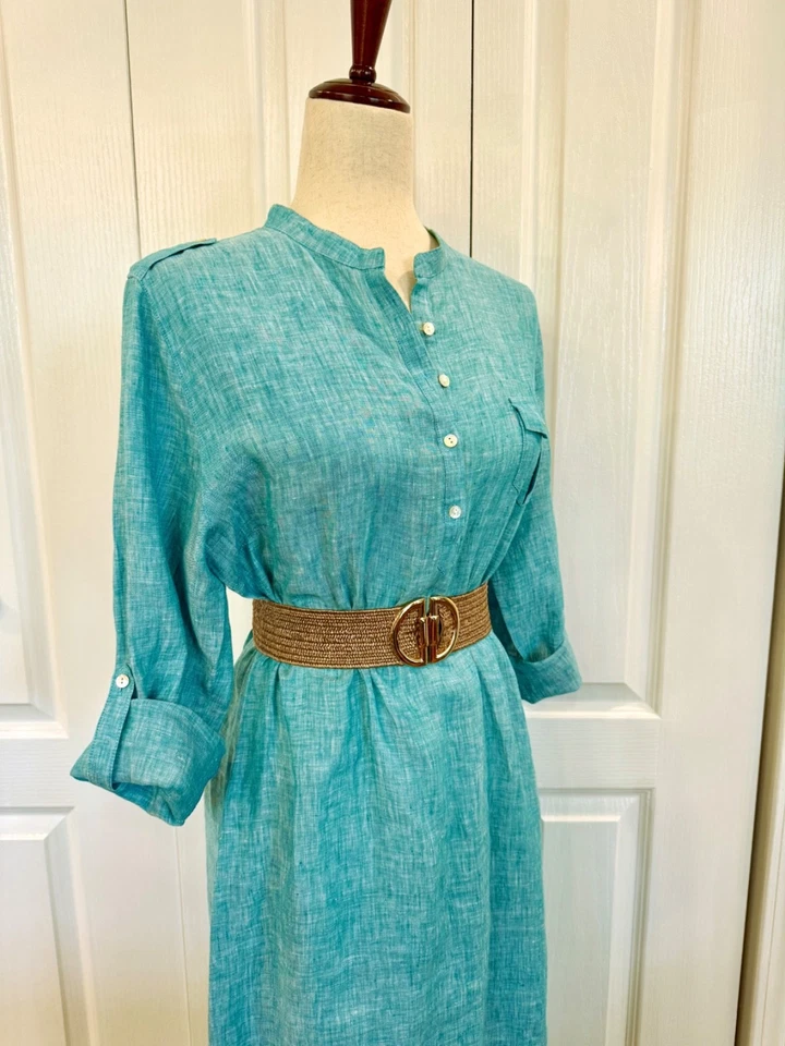 Vestido 100 % lino, mediano, midi-maxi, azul aguamarina vibrante, manga 3/4, aberturas laterales de 14" Foto 3 de 4