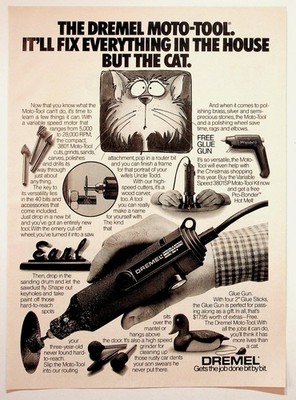 Vintage Dremel Moto-Tool Ad Cartoon Cat Pro-Bonder Glue Gun Christmas Tool