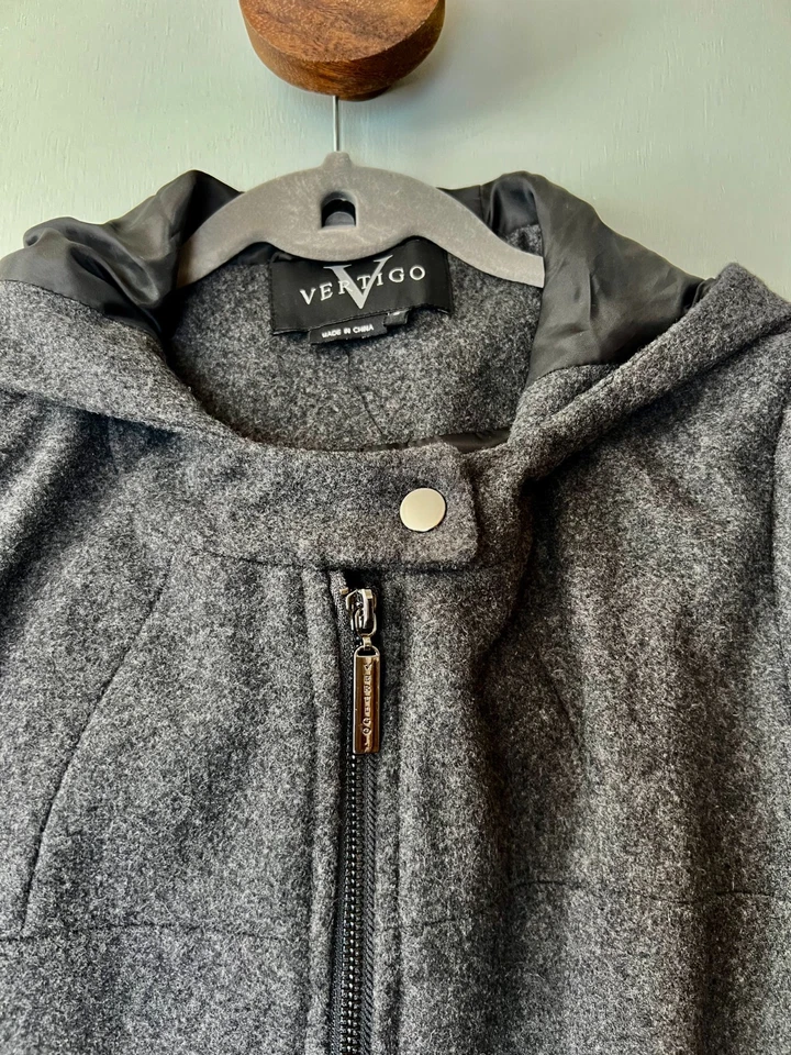 Vertigo Paris Gray Wool Blend Hooded Coat Medium Zip Front Pocket Detail - Image 3 of 4