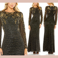 NWT Mac Duggal [ 8 ] 5956 High Neck Long Sleeve Embellished Gown Black GLD S1886