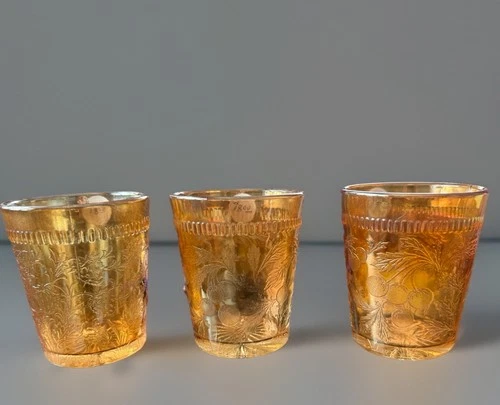 Vintage Northwood Carnival Glass Tumblers Lot of 3 – Holly & Strawberry Marigold