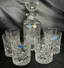 Aurum Hand Cut Crystal of Bohemia Decanter and 6 On the Rocks Czech Republic