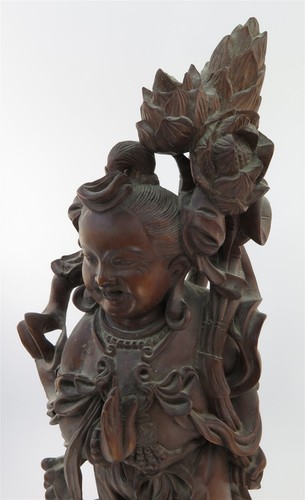 Remarkable Hand Carved Wood Buddha Statue Carrying Lotus Flowers 18" x 8" x 5" - Picture 2 of 8