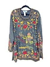QPS Vintage Women’s L Stunning Silk Embellished Beaded Art To Wear Tunic Top