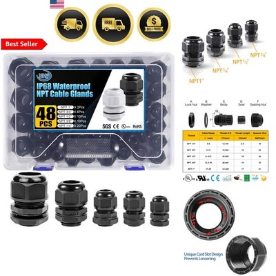 Waterproof Cable Glands Assortment Kit 48pcs  Nylon Strain Relief Black