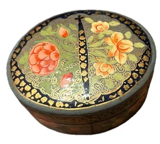 Vintage Kashmir India Small Handcrafted Art Trinket Box Sky Blue Garden Flowers