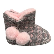 Joe Fresh Slippers Girls Size 1 Gray Pink Fair Isle Bootie Pom Pom Furry Warm