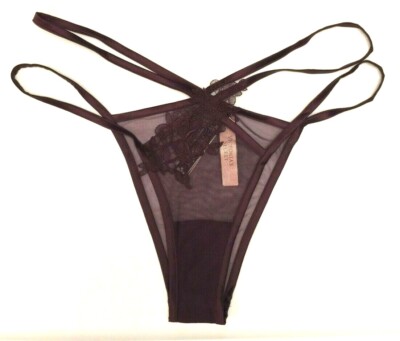 Victorias Secret Dark Violet Brazilian Panties M-XL Embroidered Sheer Dual Strap