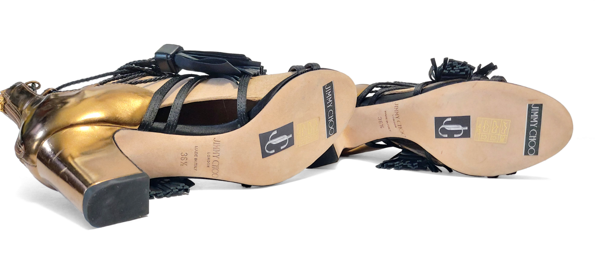 Jimmy Choo Diamond 65 Black & Gold Leather Strappy Sandals