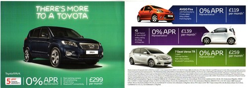 Toyota 0% Finance Offer Jly-Sep 2012 UK Market Foldout Brochure Aygo iQ RAV4 - Picture 2 of 2