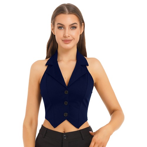 FEESHOW Women's Halter Vest Neck Crop Top Lapel Slim Fit Button Down AU - Picture 25 of 45