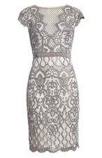 TADASHI SHOJI Mist Gray Metallic Sheer Sequin Lace Embroidered Tulle Dress 8 = M