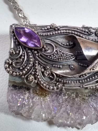 Vtg Artist HandMade Sterling Silver Amethyst Slice Filigree Pendant Necklace Pin - Picture 2 of 20