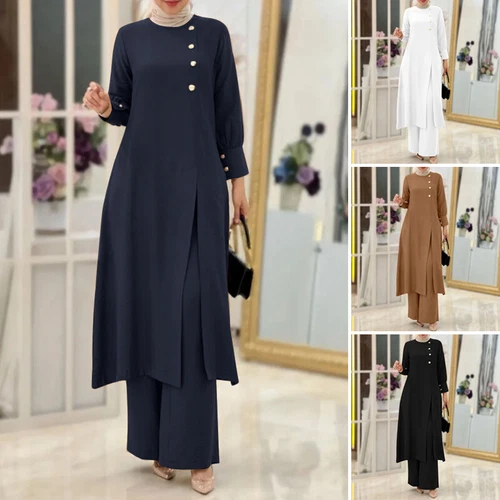 UK Women Front Buttons High Split Long Tops Dress Wide Leg Pants Trousers Suit - Picture 5 of 28
