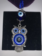 Evil Eye Keychain With Owl Pendant Blue String Loop W/ Real Glass Evil Eye