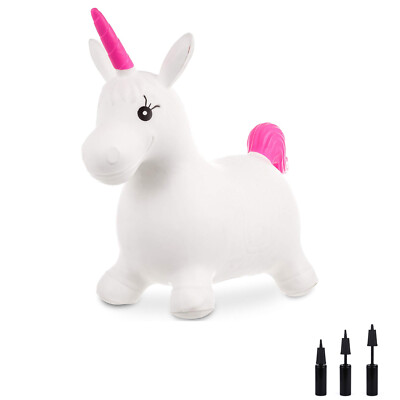 NEU AUFBLASBARES EINHORN SPRINGEN HÜPFEN SPACE HOPPER TIER REITEN AUF SPASS SPIELZEUG MIT PUMPE