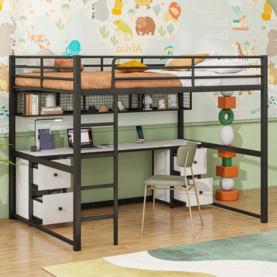 Metal Loft Bed with Desk and Storage Charging Station USB Socket Drawer