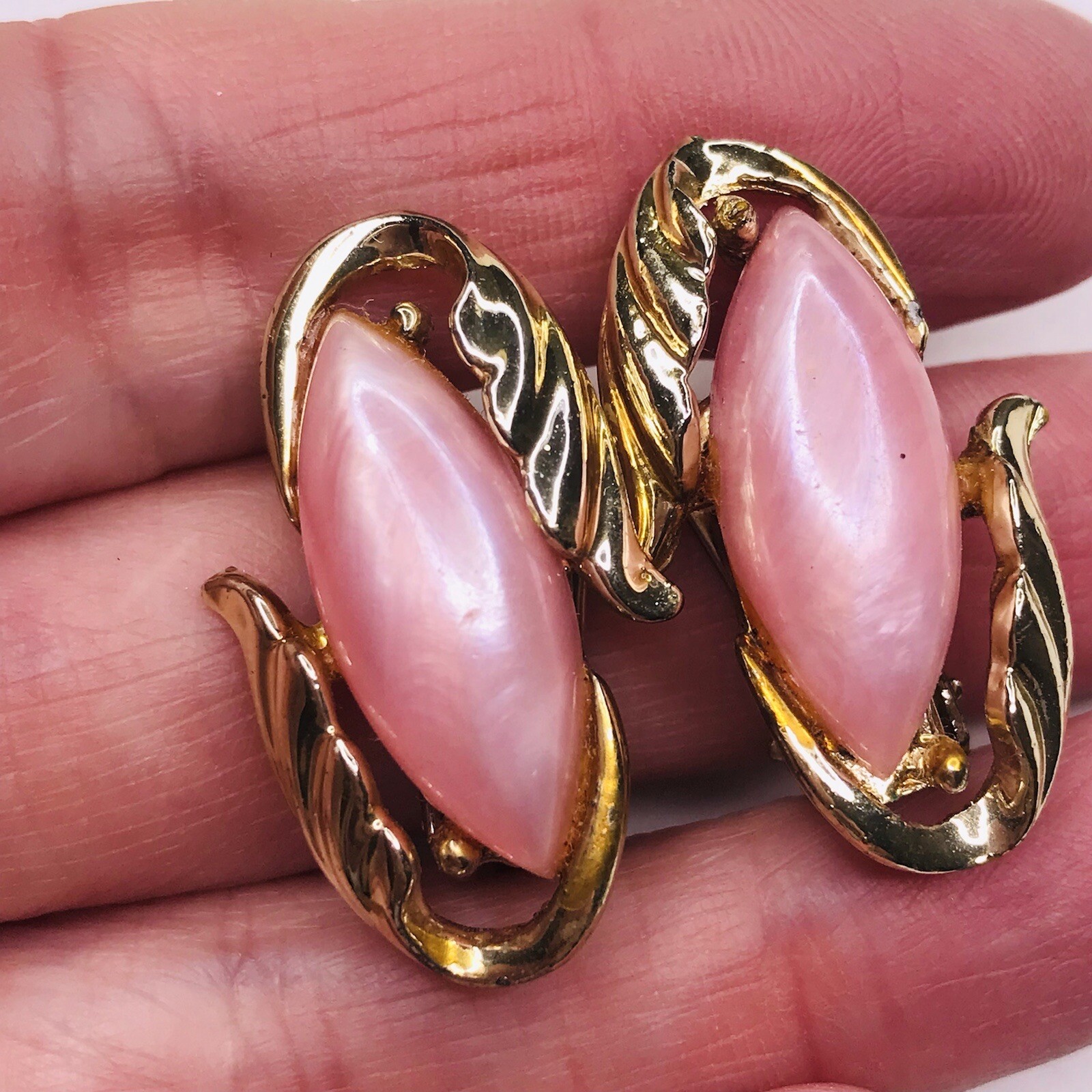 Vintage Clip On Earrings Pink Resin Stone Gold Swirl eBay