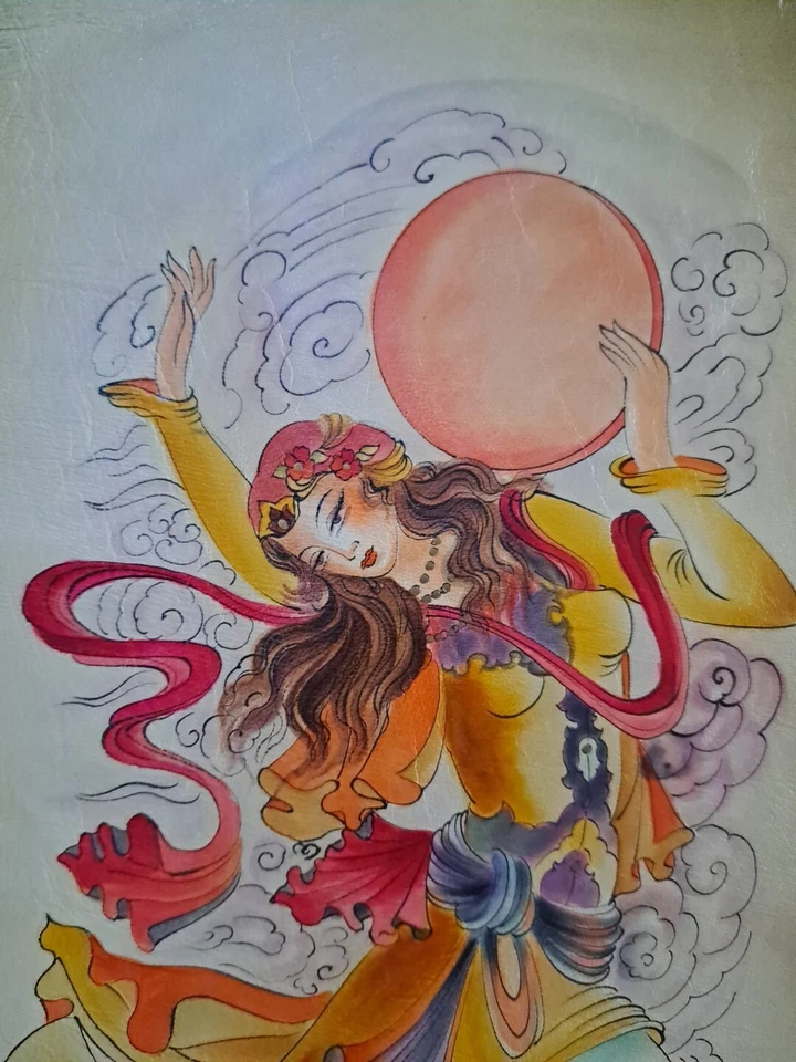 Antiguo colgante de pared vintage de cuero asiático oriental pintado de madera 19 x 8,5" Foto 3 de 4