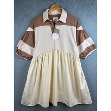 NWT Umgee Women Tan Cream Colorblock Polo Babydoll Dress Puff Sleeve Boho