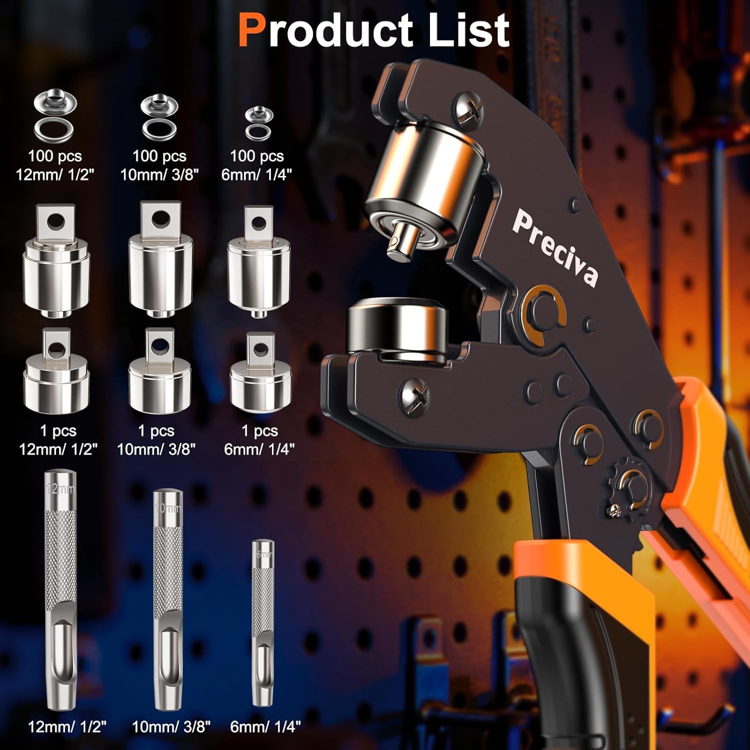 Preciva 3-Size Grommet Tool Kit - 1/2" 1/4" 3/8" Hole Punch & 