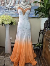 Ballroom Dance Competition White Orange Ombre Bedazzled Dance Dress