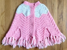 Vintage 60s Girl's Crocheted Cape 3-5 Years PINK/WHITE Short Fringed Capelet