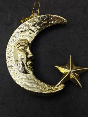 Ornament Moon Star Celestial Gold Tone 4''  plastic/unsure hanging Christmas tree