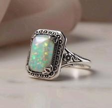 Opal Statement Ring Stainless Steel Rectangle White Green Fire Vintage Style