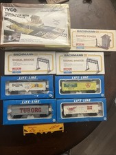Life Like Model Train Cars Lot With Bachman HO Signal Bridges, And Switch Tower.