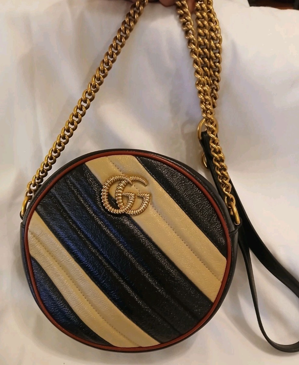 Gucci GG Round Marmont Diagonal Black Tan Shoulder Bag Leather