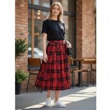 Vintage Red  Black Plaid Pleated A Line Midi Skirt Sz 14 Preppy Teacher Style
